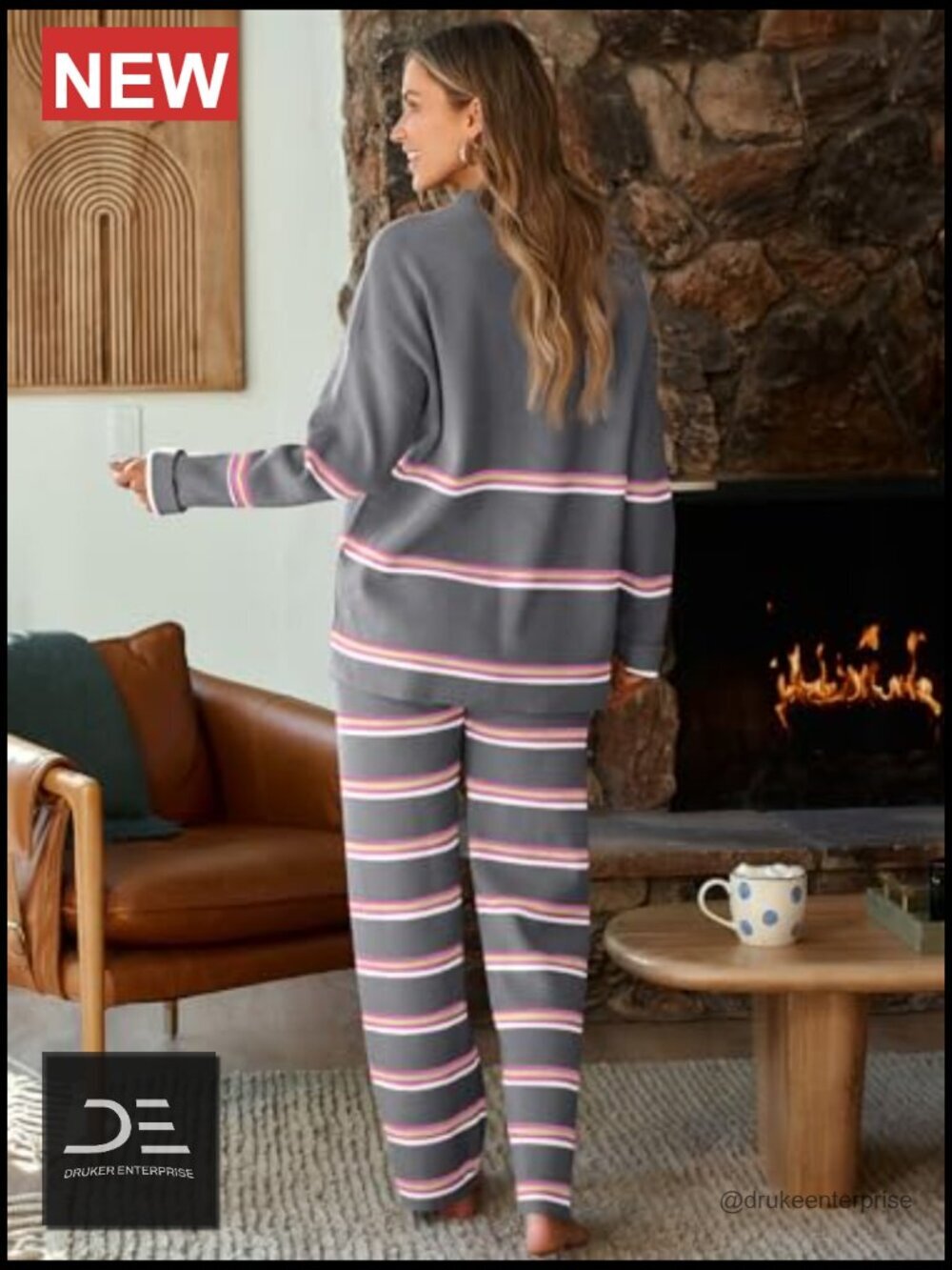 Two Piece Lounge Set Sweatsuit Striped Knit Sweater Outfit Pullover Top and - Picture 4 of 6